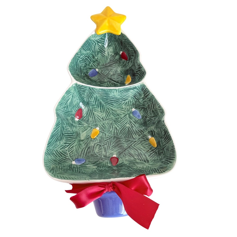 Hallmark Christmas Tree Serving Dish Ceramic Green Divided Tray Star Red Bow 10"
